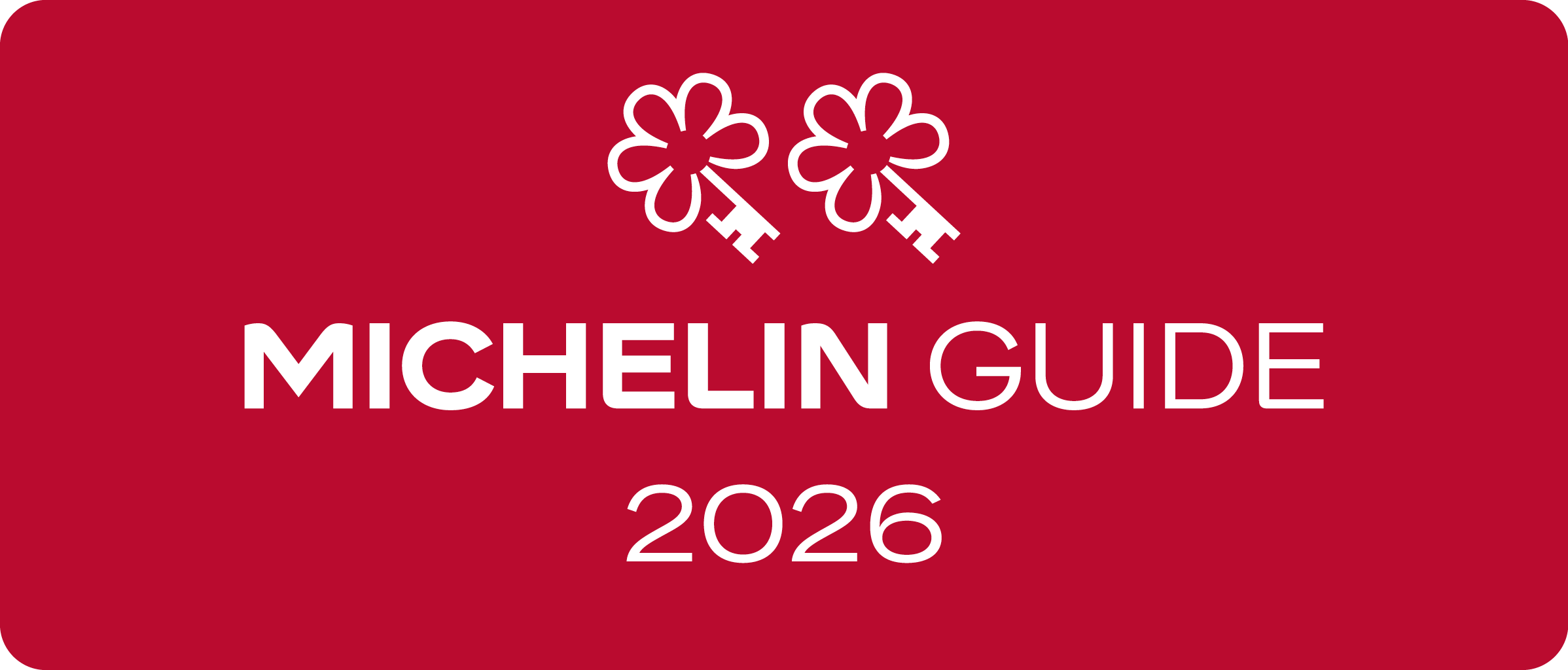 Logo des Michelin-Führers 2026 mit zwei weißen, blumenförmigen Schlüsseln über dem Text auf rotem Hintergrund, inspiriert von bekannten Reisezielen wie der Luisenhöhe und dem Wellnesshotel Schwarzwald.