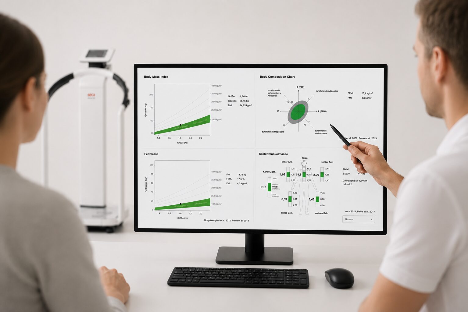 Two people sit at a desk reviewing body composition charts and graphs displayed on a large computer monitor. One person points at the screen with a pen, discussing the data.
