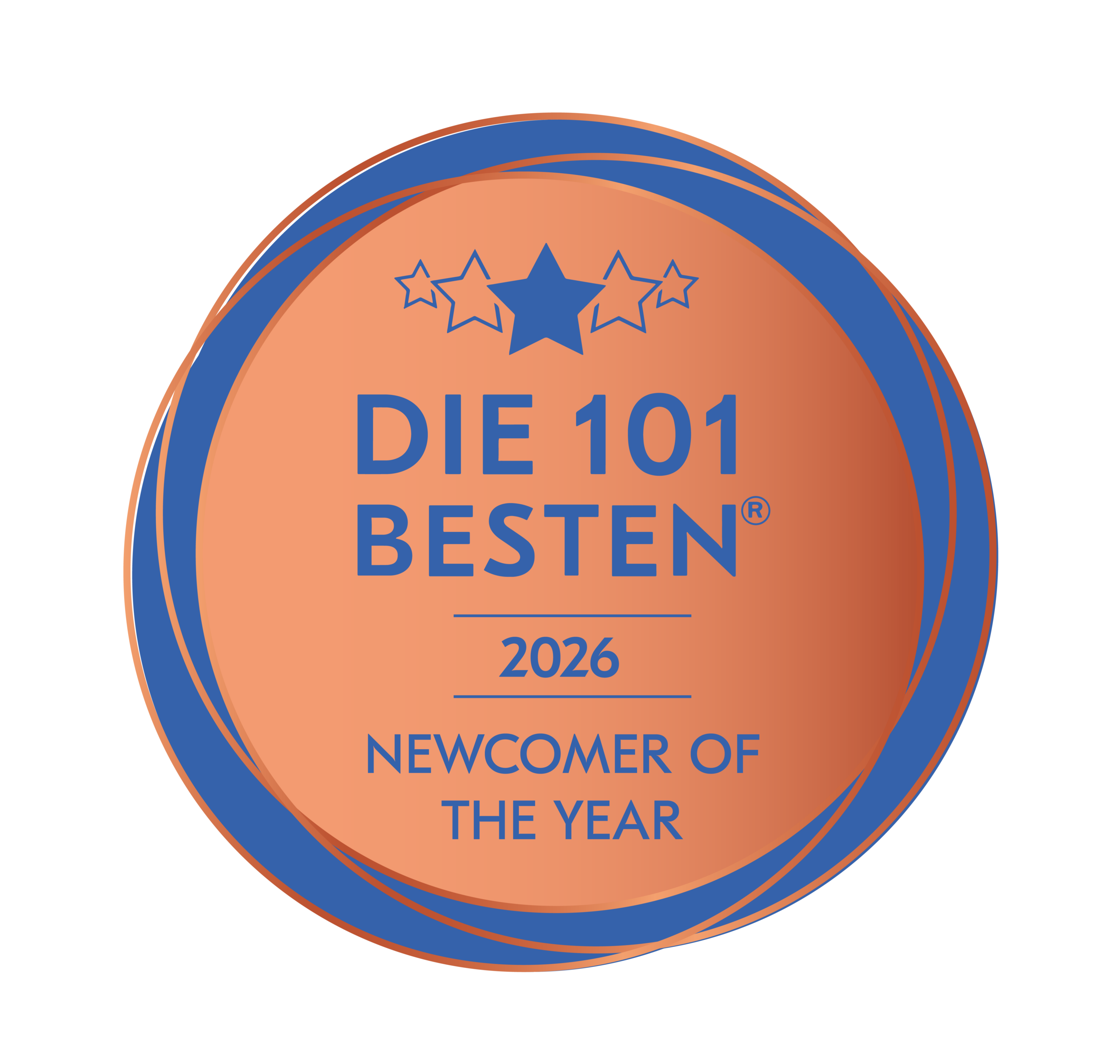 A round orange and blue badge with stars and a large blue star at the top. Text reads: DIE 101 BESTEN 2026 NEWCOMER OF THE YEAR, featuring Luisenhöhe among the celebrated names.